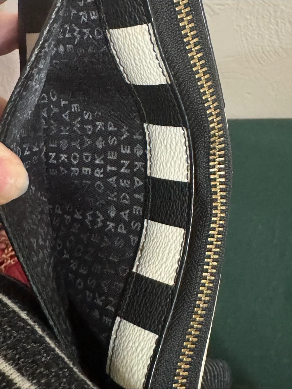 kate spade Black and White Check Zip-Around Wristlet with Pearl Strap